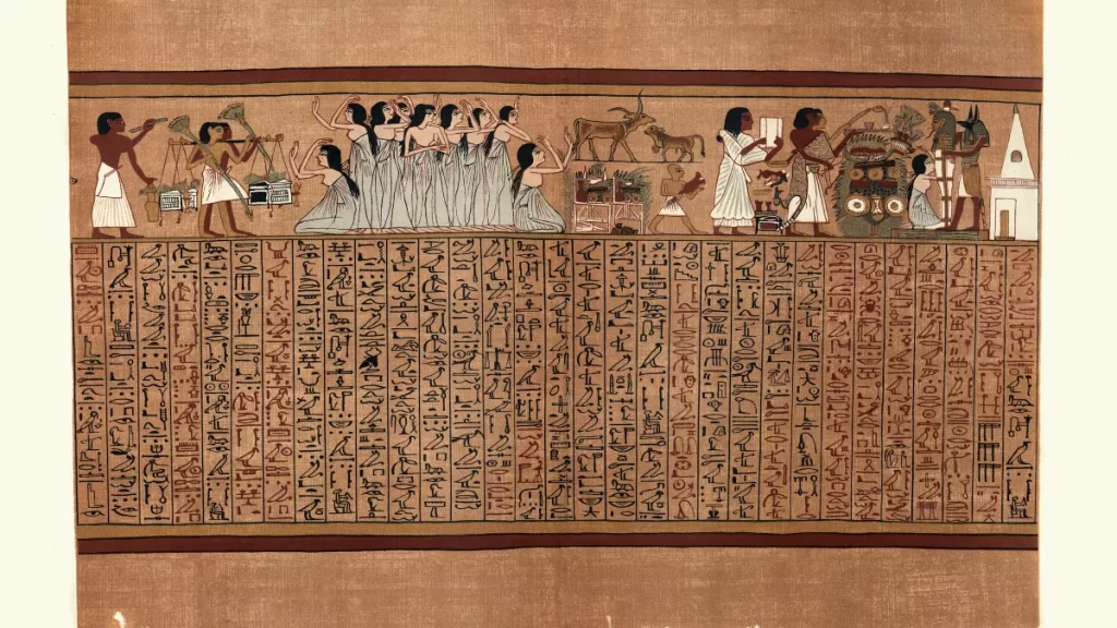 Eski Mısır'ın Yeni Krallığı'nın 19. hanedanına, MÖ 1250'ye tarihlenen Ani Papirüsü'nden eski bir illüstrasyon Saqqara'da bulunan yeni bulunan Ölüler Kitabı papirüsünün yayınlanmış herhangi bir resmi yok.